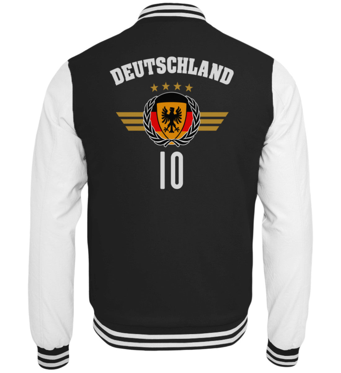 Schwarze Collegejacke mit Deutschland-Schriftzug, Wappen und Rückennummer 10